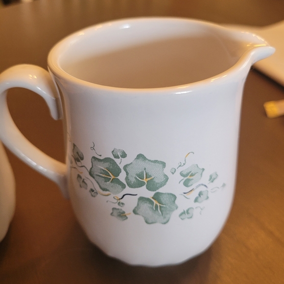 Corelle White Cream and Sugar Bowl with Green Floral Design - Picture 2 of 4
